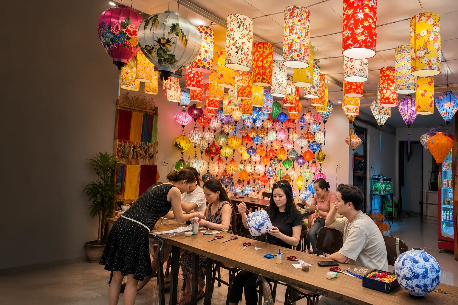 Guests making traditional Hoi An lanterns in Lynn's workshop
